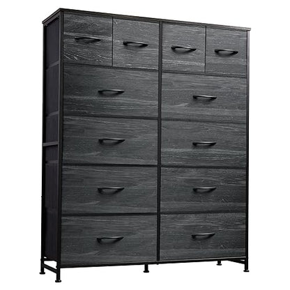 WLIVE 12 Drawer Tall Fabric Dresser Bedroom Storage Chest, Charcoal | Black tall 12-drawer fabric dresser with wood top, modern storage tower for bedroom home office closet living room - color: Charcoal Black Wood Grain Print