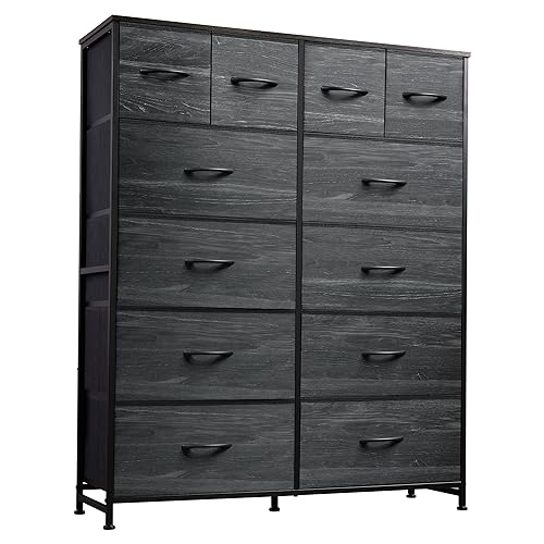 WLIVE 12 Drawer Tall Fabric Dresser Bedroom Storage Chest, Charcoal | Black tall 12-drawer fabric dresser with wood top, modern storage tower for bedroom home office closet living room - color: Charcoal Black Wood Grain Print