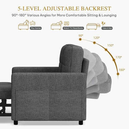 YITAHOME 55" Convertible Sofa Bed | 3-in-1 Sleeper Sofa with Iron Frame Pull-Out Bed, Linen Futon Couch with Reclining Backrest and Side Pocket, Modern Loveseat - color: Grey, size: 71.2 x 46.4in