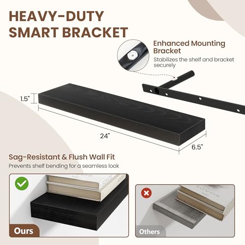 Acovy 24 Inch Floating Shelves for Wall 2 Pack, 24" Wall Shelves for Books, Storage, Decor, Wall Mounted Floating Shelf with Invisible Brackets for Kitchen, Living Room, Black - color: Black, size: 6.5"Wx24"L-2pcs