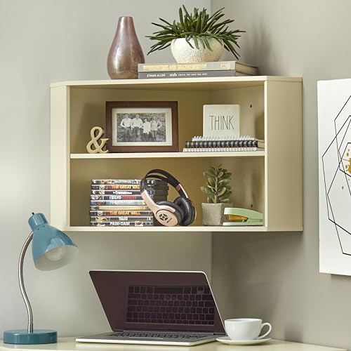 Modern Floating Desk Hutch, Wall Mounted Corner Storage with 2 Shelves, Antique White