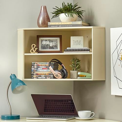 Modern Floating Desk Hutch, Wall Mounted Corner Storage with 2 Shelves, Antique White