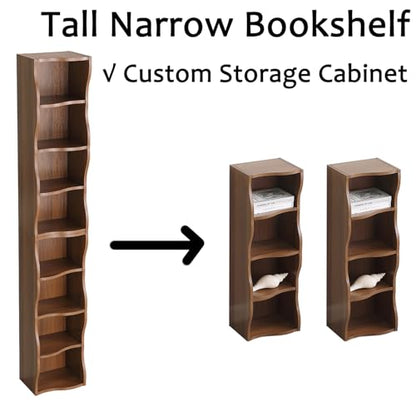 Tall Narrow Bookshelf, 8-Tier Tall Skinny Shelf with Adjustable Shelves, Narrow Bookcase for Small Spaces, 70.87" Slim Bookshelf for Home Office, Easy to Assemble, Walnut - color: A-walnut