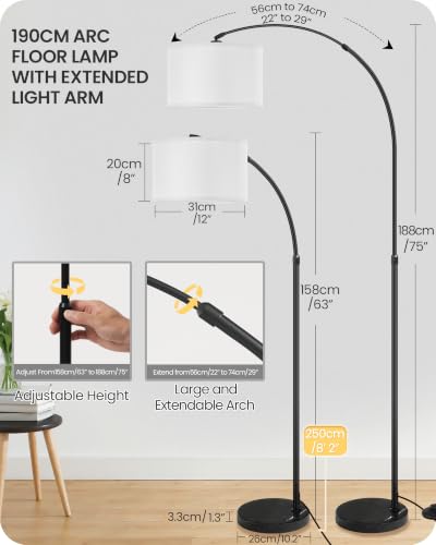 75" Arc Floor Lamp with Marble Base and Adjustable Height, Rotating Hanging Shade, Dimmable Floor Lamp for Living Room with Remote and Foot Switch, 3CCT, Over Couch Arched Light, White Shade W15LD05 - color: Black + White
