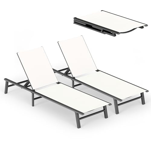 Foldable Outdoor Lounge Chair Set of 2, No Assembly Aluminum Chaise Lounge Outdoor with 5 Adjustable Positions, Pool Lounge Chairs with Portable Design for Pool, Deck, Beach, Patio (White) - color: White-upgraded, size: 2 Packs