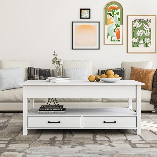 Panana Coffee Table, Lift Top Coffee Table with Hidden Compartment, 2 Drawers and 1 Open Shelf, Retro Central Wooden Table Lift Tabletop for Living Room (White) - color: White