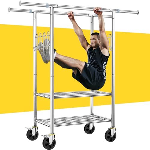 100% Stainless Steel Heavy Duty Clothes Rack Load 960LBS, Double Rod Clothing Rack for Hanging Clothes with Reinforced Rubber Rings, Extendable Rolling Garment Racks W/ Portable Wheel & Sturdy Shelves