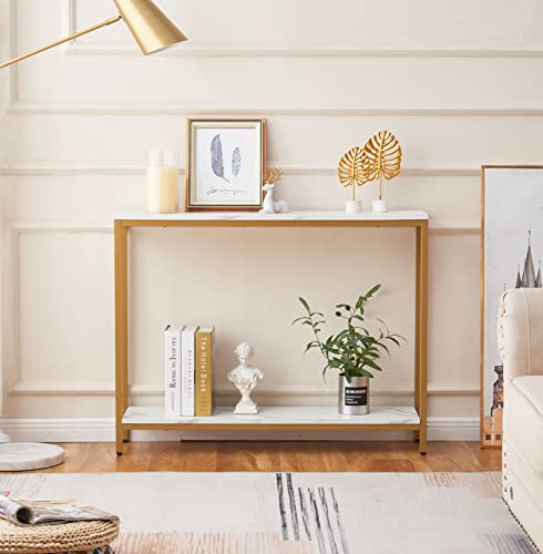 loglus Console Table for Entryway, Faux Marble MDF Indoors Sofa Table with Golden Frame for Small Rooms, Double Layer, White Marble, 9.45" D x 38.19" W x 29.72" H - color: White Marble, style: Double Layer