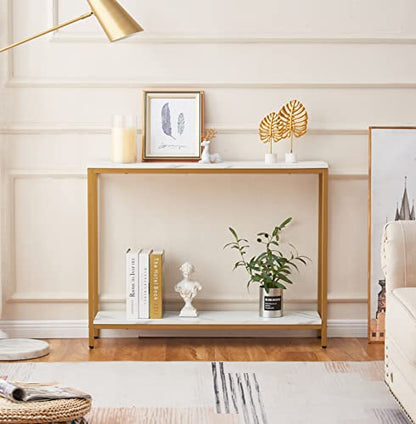 loglus Console Table for Entryway, Faux Marble MDF Indoors Sofa Table with Golden Frame for Small Rooms, Double Layer, White Marble, 9.45" D x 38.19" W x 29.72" H - color: White Marble, style: Double Layer