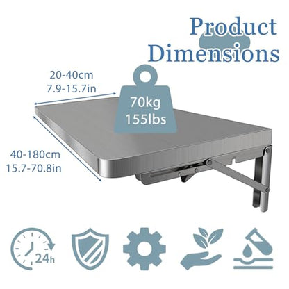 304 Stainless Steel Wall Mount Folding Table 16 20 24 28 32 36 40 43 47 51 59 71in Kitchen Storage Shelf Drop Down Heavy Duty Foldable Wall Mount Shelving for Kitchen Balcony(50x20cm/19.7x7.9in) - size: 50x20cm/19.7x7.9in