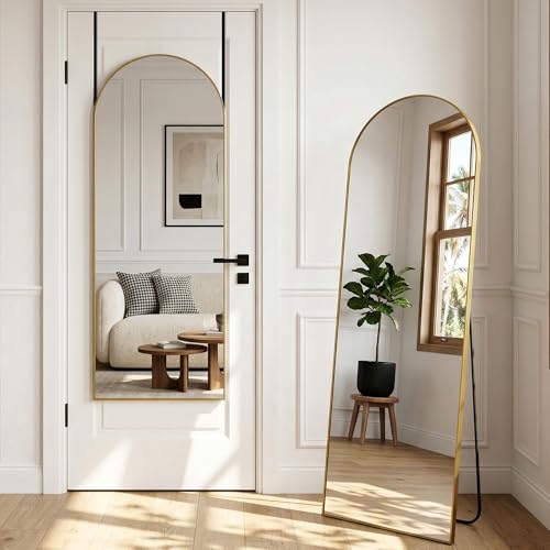 58"x20" Arched Full Length Door Mirror, Over-the-Door Hanging, Floor Standing, Wall Mounted or Leaning, Metal Frame Body Mirror for Bedroom, Living Room, Closet, Dorm, Gold - color: Gold, size: 58"L x 20"W