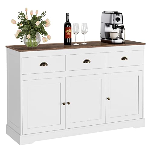 White Buffet Cabinet Storage Sideboard Farmhouse Server Bar Wine Cabinet with 3 Drawers & 3 Doors Adjustable Shelves Console Table for Dining Living Room Kitchen Cupboard - size: 15.6"D x 53.5"W x 34.1"H