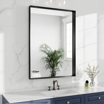 36x24 Black Bathroom Mirrors for Over Sink, Wall Mounted Bathroom Vanity Mirror, HD Distortion-Free Tempered Glass, Anti-Rust Brushed Matte Aluminum Alloy Frame, Horizontal or Vertical Hanging - size: 36"L x 24"W
