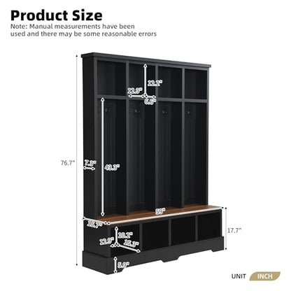 Merax Farmhouse Hall Tree with Bench and Shoe Storage, 59" Entryway Bench with Coat Rack, 3-in-1 Hall Tree with Top Compartments and 8 Hooks for Hallway, Living Room, Black - color: Black