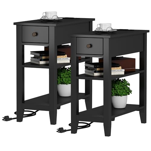 ChooChoo End Table Set of 2 Living Room with Charging Station | Sofa Side Table, Narrow Night Stand, USB Ports & Power Outlets, Hidden Drawer, Black - color: Black