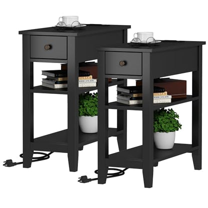 ChooChoo End Table Set of 2 Living Room with Charging Station | Sofa Side Table, Narrow Night Stand, USB Ports & Power Outlets, Hidden Drawer, Black - color: Black
