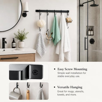 17" Coffee Mug Hook Rack Wall Mounted Set of 2 | Black Metal Tea Cup Holder Hanger Organizer 10 Hooks, Kitchen Rail Utensil Rack for Dining Room Coffee Bar