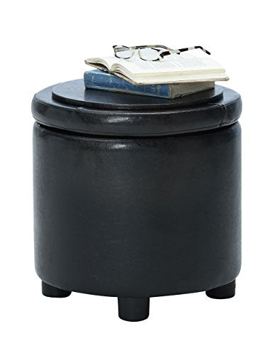 Designs4Comfort Round Accent Storage Ottoman in Black Faux Leather Fabric - color: Black
