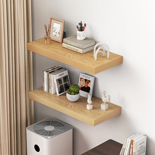 Dreamland 32" Floating Shelves for Wall, 12" Deep Thicker Oak Floating Shelves, Wall-Mounted Shelves for Bedroom, Living Room, Kitchen, Bathroom - Set of 2 - color: Oak, size: 32"W x 12"D x 2"H, Set of 2