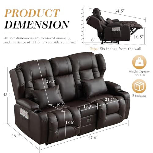 Loveseat Recliner Sofa,RV Wall Hugger Recliners with Flip-up Console,Reclining Loveseat Sofa Recliner with Cup Holders/Lumbar Pillows for Small Spaces,RV Furniture (Brown,68" 2-Seater) - color: Brown, size: 68" 2-Seater