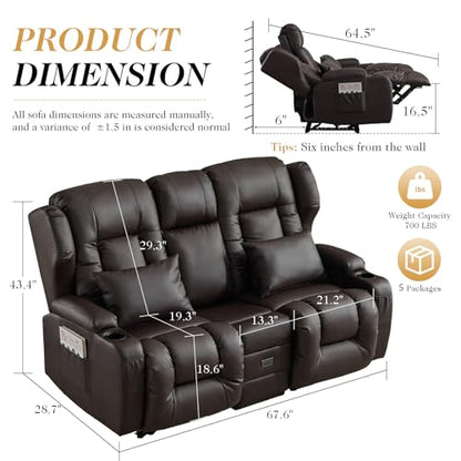 Loveseat Recliner Sofa,RV Wall Hugger Recliners with Flip-up Console,Reclining Loveseat Sofa Recliner with Cup Holders/Lumbar Pillows for Small Spaces,RV Furniture (Brown,68" 2-Seater) - color: Brown, size: 68" 2-Seater