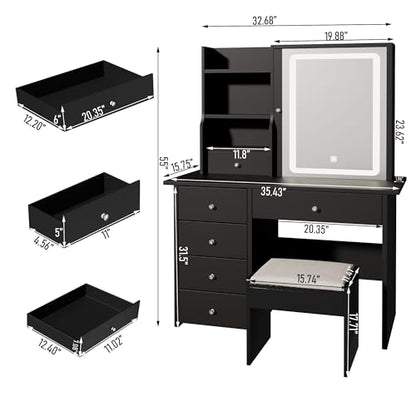 Vanity Desk with Mirror and LED Lights, Makeup Vanity Set with Power Outlet, and Stool,Jewelry Storage,Black Vanity Desk for Bedroom - style: Black