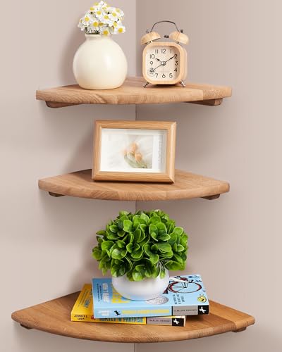 Floating Corner Shelves, Set of 3 Corner Wall Shelves with Cable Hole Soild Wood Wall Storage Display Wall Mounted Shelves for Plants, Photos, Speakers, Living Room, Bedroom, Bathroom, Kitchen - color: Natural, size: 9/10/12/in 3-Pack