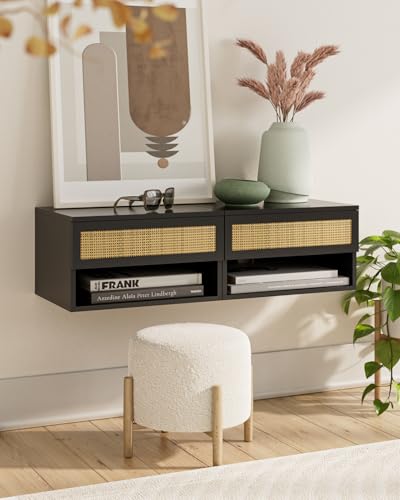 Modern Floating Nightstand with Drawer, Wall Mount Shelves, Black Rattan | Small Space Saver, Modern Minimalist Design, Wall Mounted Shelves, for Bedroom, Bathroom, Living room, Easy Assembly, Rattan - color: Black Rattan
