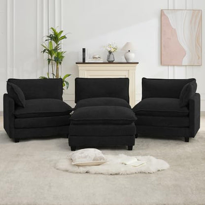 ROWHY Oversized Modular Sectional Couch with Movable Ottoman, 112" Modern Convertible L Shaped Sofa Set, 4 Seat Comfy Cloud Couch with 2 Throw Pillows, for Living Room and Office, Chenille, Black - color: Chenille Black, size: 4 Seats L-Shaped