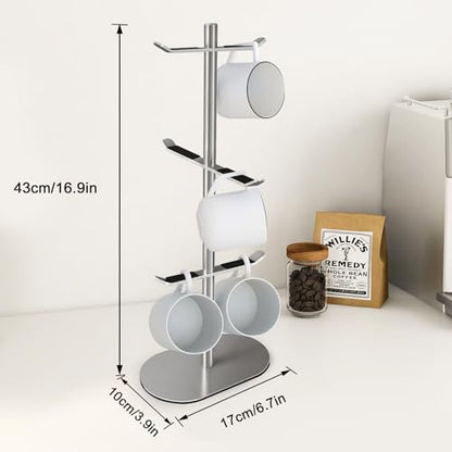 Mug Holder Tree, Coffee Cup Holder with 6 Hooks, Coffee Mug Rack, Metal Mug Tree for Counter, Mug Holder Stand Coffee Mug Hanger(Brushed Nickel) - color: Brushed Nickel-A