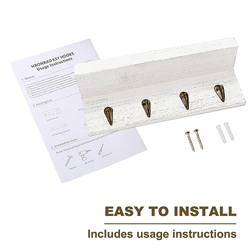 HRONRAD Rustic Key Holder for Wall, Farmhouse Wall Shelf with 4 Hooks, Wall Mounted Key Racks, Wooden Mail Organizer with Hooks for Entryway (White) - color: White