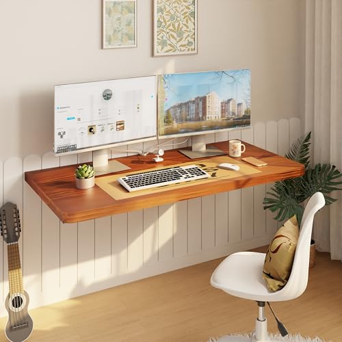 IAE Floating Wall Mounted Folding Table Desk with Pine Wood,36x22in, Teak | Foldable Workbench,Fold Down Wall Mounted Foldable Desk with Shelf Brackets,Laundry Folding Table for Home,Dining,Kitchen - color: Teak, size: 36*22*10 Inch