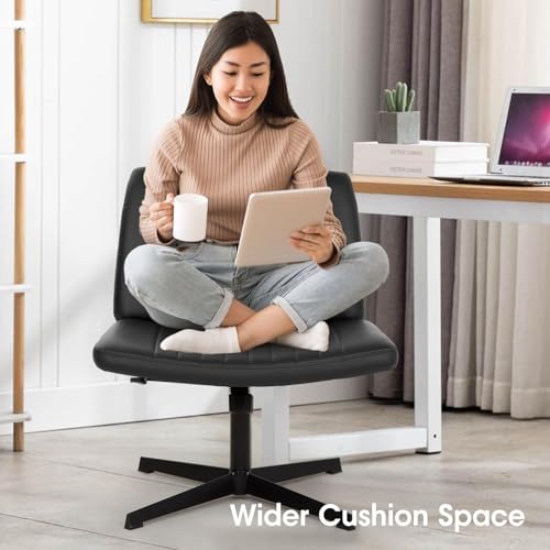 Criss Cross Chair, Armless Cross Legged Office Chair, Comfortable Vanity Chair with Back, Fabric Adjustable Wide Swivel Criss Cross Desk Chair for Home Office, Black - color: Black