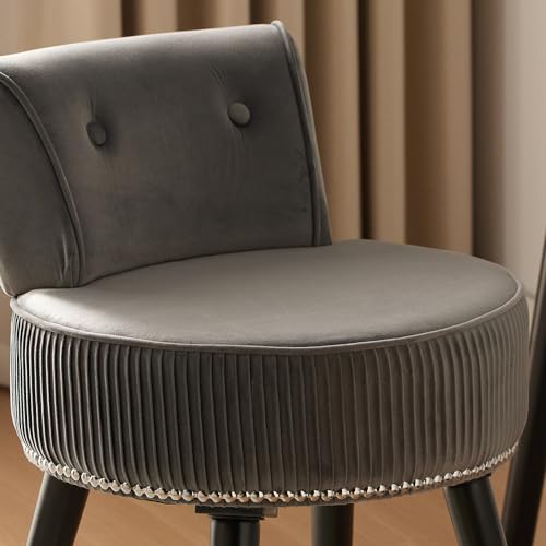 Vanity Chair with Back, Gray Velvet Stool with Low Backrest | Silvery Nailhead Trim, Round Vanity Seat for Bedroom and Bathroom Makeup, Support 220lbs, Easy Assembly (Gray) - color: Grey