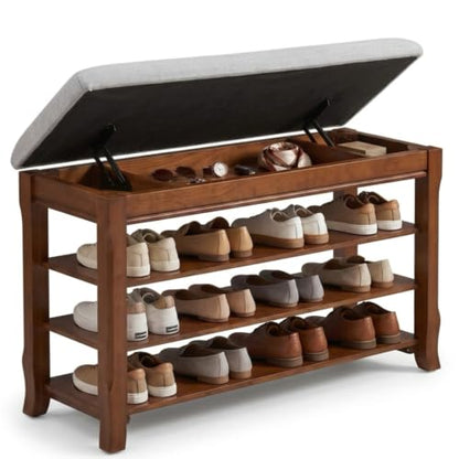 SolidWood Entryway Shoe Rack Storage Bench, Flip-Top Soft-Close Lid, 39.4'' | 550 lbs Max Load, Adjustable Shelves, Cushioned Entryway Shoe Organizer for Closet, Hallway, Foyer - size: 39.4"