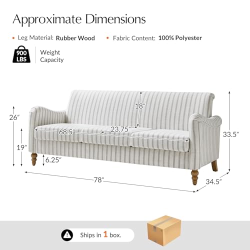 HULALA HOME Farmhouse Curved Couch with Stripe Pattern, 3 Seater Sofa, Grey | with Solid Wood Spindle Legs and Rolled Wide Armrests, Comfy Upholstered Sofa for Living Room Bedroom - color: Grey, size: 3-Seater Sofa