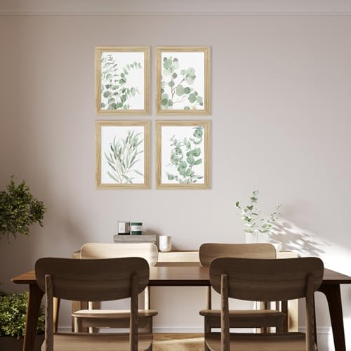 Botanical Plant Wall Art Prints: Sage Green Eucalyptus Picture Decor 4 Piece Framed Boho Leaves Poster for Bathroom Bedroom Living Room Home Decoration 8" x 10"