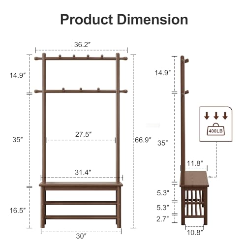 AQIMUELE Coat Rack with Shoe Storage, Wooden Hall Tree with Bench, 11 Hooks and 2-Tier Storage Shelves, 3-in-1, Entryway Bench with Coat Rack (31.5"-Walnut) - color: Walnut, size: 31.5"