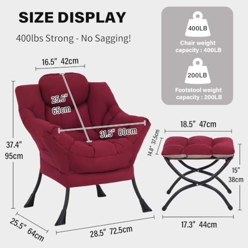 Lazy Chair with Ottoman, Comfy Reading Accent Chair, Burgundy | Foldable Footrest, Padded Seat and Backrest, Side Pocket for Lounging in Living Rooms, Bedrooms, Dorms and Small Spaces - color: Burgundy