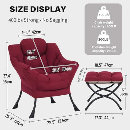 Lazy Chair with Ottoman, Comfy Reading Accent Chair, Burgundy | Foldable Footrest, Padded Seat and Backrest, Side Pocket for Lounging in Living Rooms, Bedrooms, Dorms and Small Spaces - color: Burgundy
