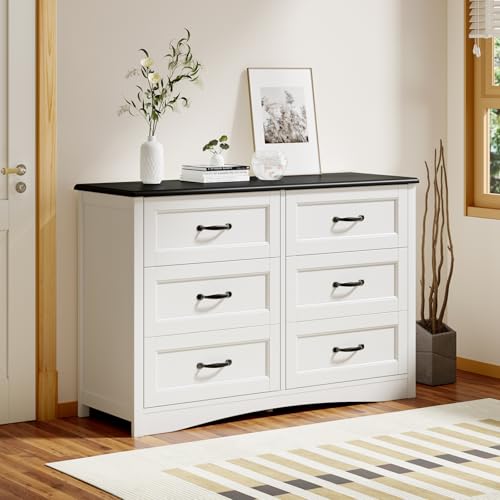 Gizoon 47" 6 Drawer Dresser, White & Black Chest of Drawers Bedroom | 6 drawer wood dresser with metal handles. Storage cabinet organizer for bedroom, kids nursery room and home office - color: White-black