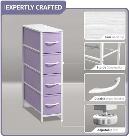 Sorbus Kids Narrow Dresser with 4 Drawers - Vertical Slim Storage Chest of Drawers with Steel Frame, Wood Top & Easy Pull Fabric Bins for Small Spaces, Closets, Bedroom, Bathroom & Laundry - color: Pastel Purple, style: 4 Drawer