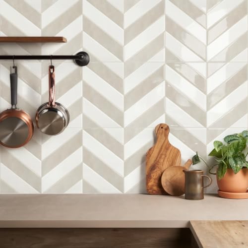 STICKGOO Herringbone Peel and Stick Backsplash, White & Beige, 10 Sheets | 12.6 x 9.7 in, Thicker Rectangular Vinyl Stick-On Wall Tiles, Easy Alignment, Waterproof, Easy to Clean, Kitchen/Bathroom - color: White & Beige, size: Pack of 10