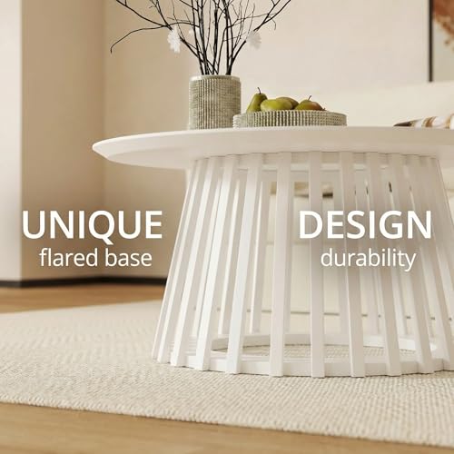 HNY White Round Coffee Table, Wood 31.5" Center Table for Living Room | Modern Mid Century Circle Coffee Table with Fluted Base for Outdoor Patio, Home Small Space, Bedroom, Apartment, Studio - color: White