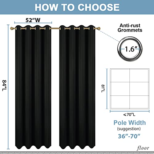 Diraysid Black Grommet Blackout Curtains for Bedroom Thermal Insulated Room Darkening Curtains Drapes, 52 x 84, 2 Panels - color: Black, size: 52"W x 84"L (Pack of 2)