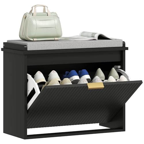 HOMCOM Narrow Shoe Bench with Padded Cushion 24.4x10.2x18.7 Inches Black | Shoe Storage Cabinet, Flip-Drawer, Adjustable Shelf, Small Entryway Bench, Holds up to 265lb - color: Black, size: 24.4" x 10.2" x 18.7"