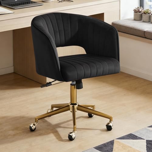 Vanity Chair with Back 360 Swivel Armchair and Gold Base, Criss Cross Chair with Wheels for Vanity Home Office, Living Room, Bedroom and Study (Black) - color: Black