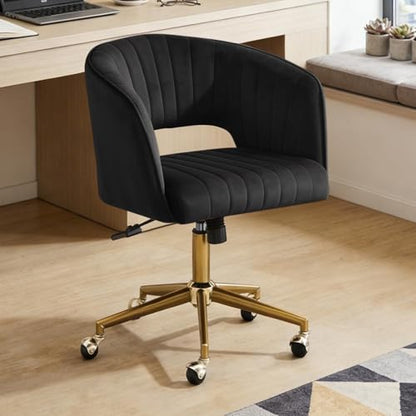 Vanity Chair with Back 360 Swivel Armchair and Gold Base, Criss Cross Chair with Wheels for Vanity Home Office, Living Room, Bedroom and Study (Black) - color: Black