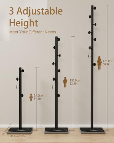 Clothes Rack Freestanding, Coat Tree with 8 Hooks, Black | Small Standing Cloth Hanger with Heavy Rock Slab Base, Modern Metal Garment Rack with 8 Hooks for Bedroom, Office - color: Black