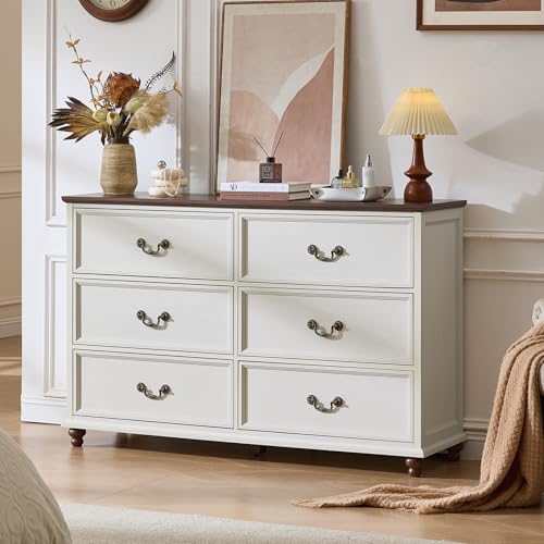 Joaxswe Farmhouse 6 Drawers Dresser for Bedroom, Vintage 54" Wide Chest of Drawers w/ 4 Wooden Legs, Rustic Large Closet Storage Dressers Organizer for Hallway, Wood TV Stand for Living Room, White - color: Elegant White, size: 15.7"D x 54"W x 34.6"H (6 D